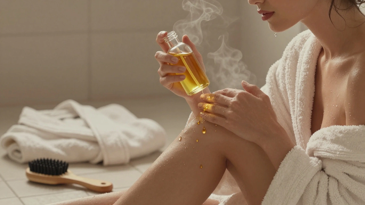 Žena si nanesou olej na kůži hned po sprše, v okolí je pára a ručník.