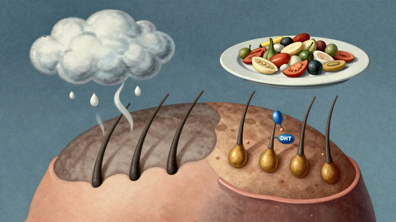 Zvětšený pohled na vlasový folikul s blokujícími hormony a chybějícími živinami.