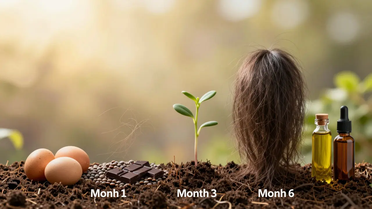 Časová osa růstu vlasů od vypadávání k obnově s přírodními složkami.