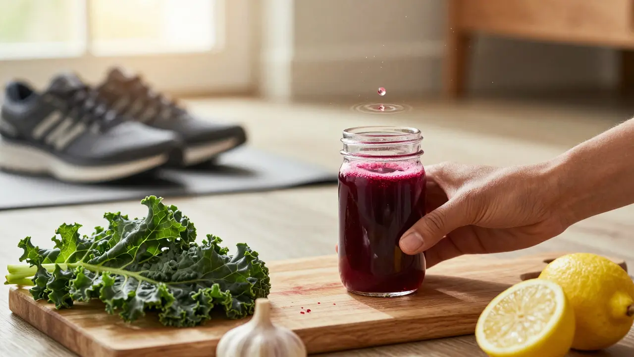 Čerstvě stlačený řepný džus vedle syrové zeleniny a citronu s mírně rozmazaným pozadím.