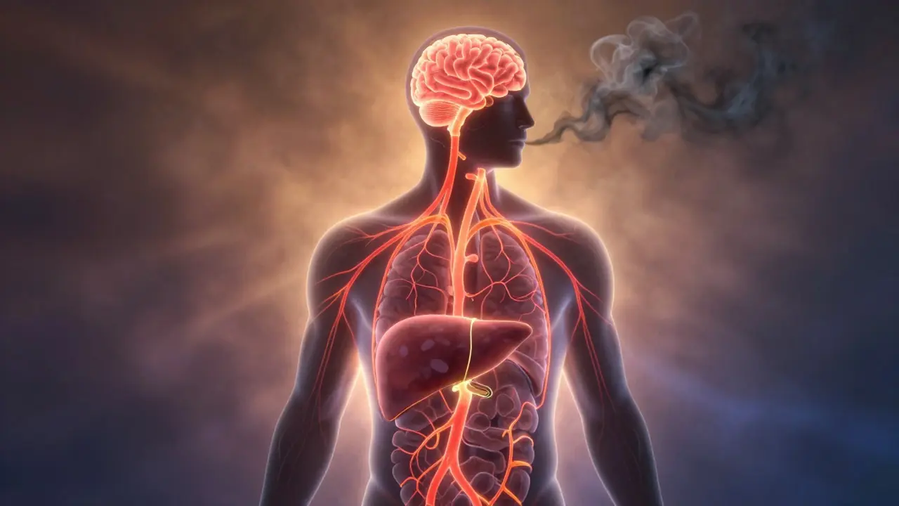 Kresba lidského těla se světelnými cestami v mozku a játrech, kde alkohol odechází jako kouř.