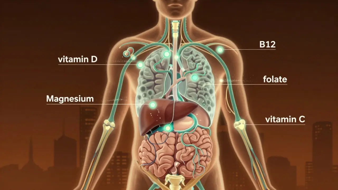 Lidský silueta s vyznačenými klíčovými vitamíny proudícími do orgánů v tepelných odstínech.
