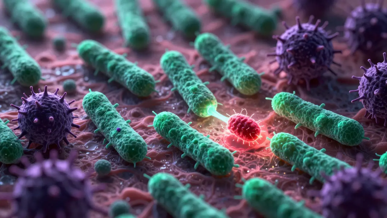 Mikroskopický boj mezi laktobacily a škodlivými bakteriemi v mikrobiomu, s kyselinou mléčnou jako záchranným proudem.