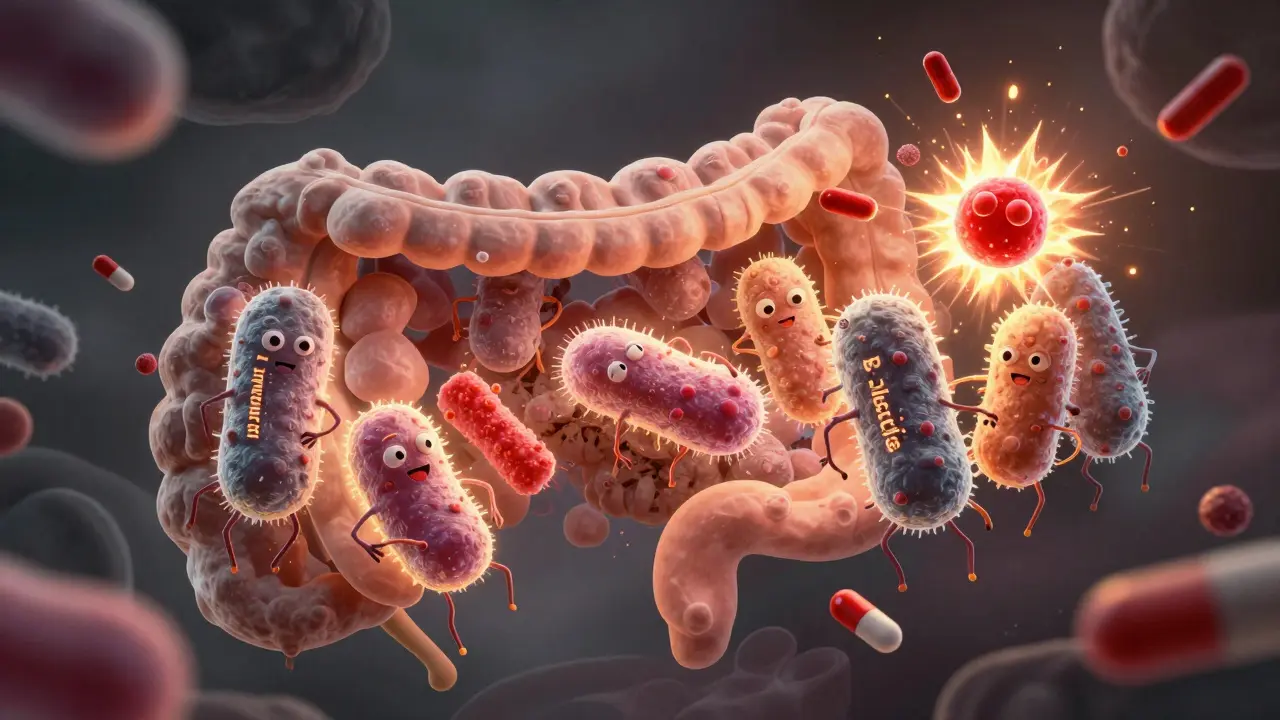 Mikroskopický pohled na bakterie Lactobacillus v střevech, které odolávají účinkům antibiotik.
