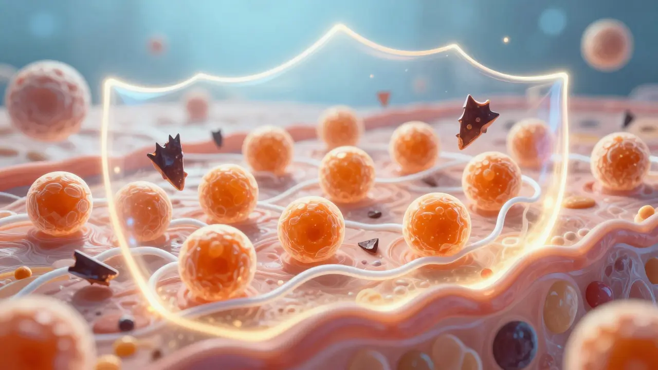 Mikroskopický pohled na vitamín C chránící kůži před volnými radikály.