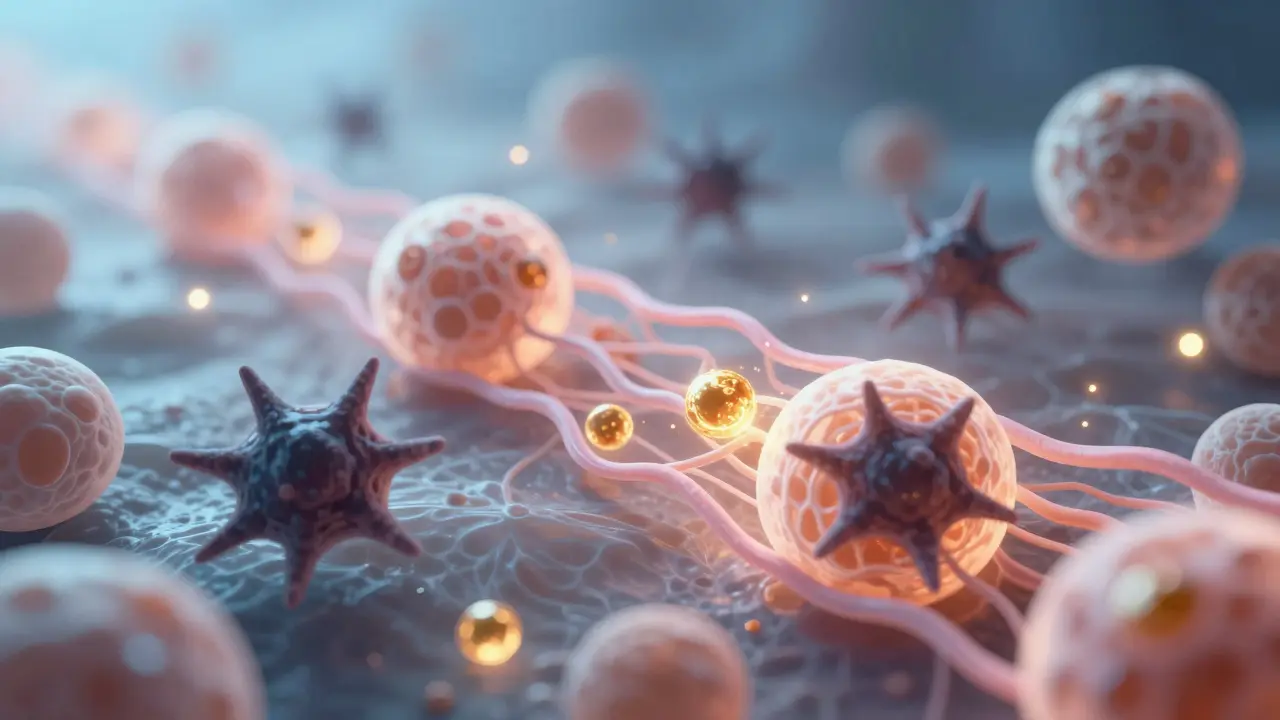 Mikroskopický pohled na vitamín C neutralizující volné radikály a podporující tvorbu kolagenu.