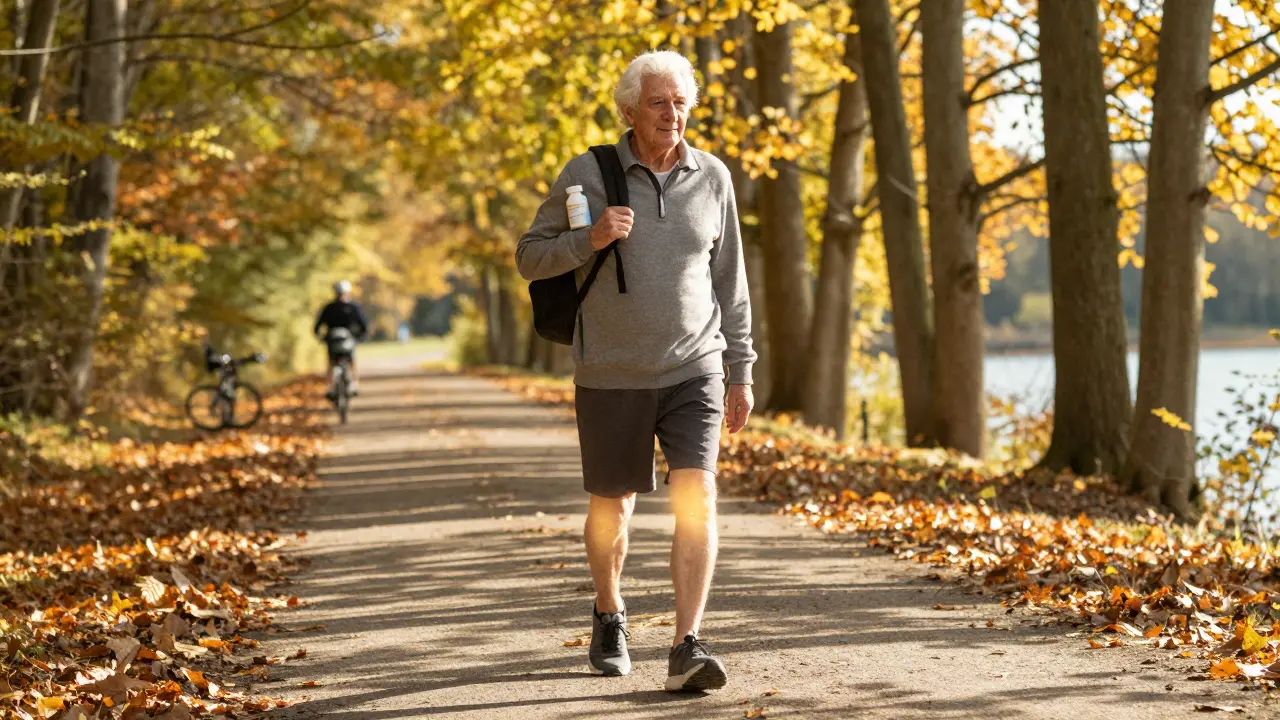 Muž kráčí lesní cestou v podzimu s batohem, symbolizujícím regeneraci kloubů.