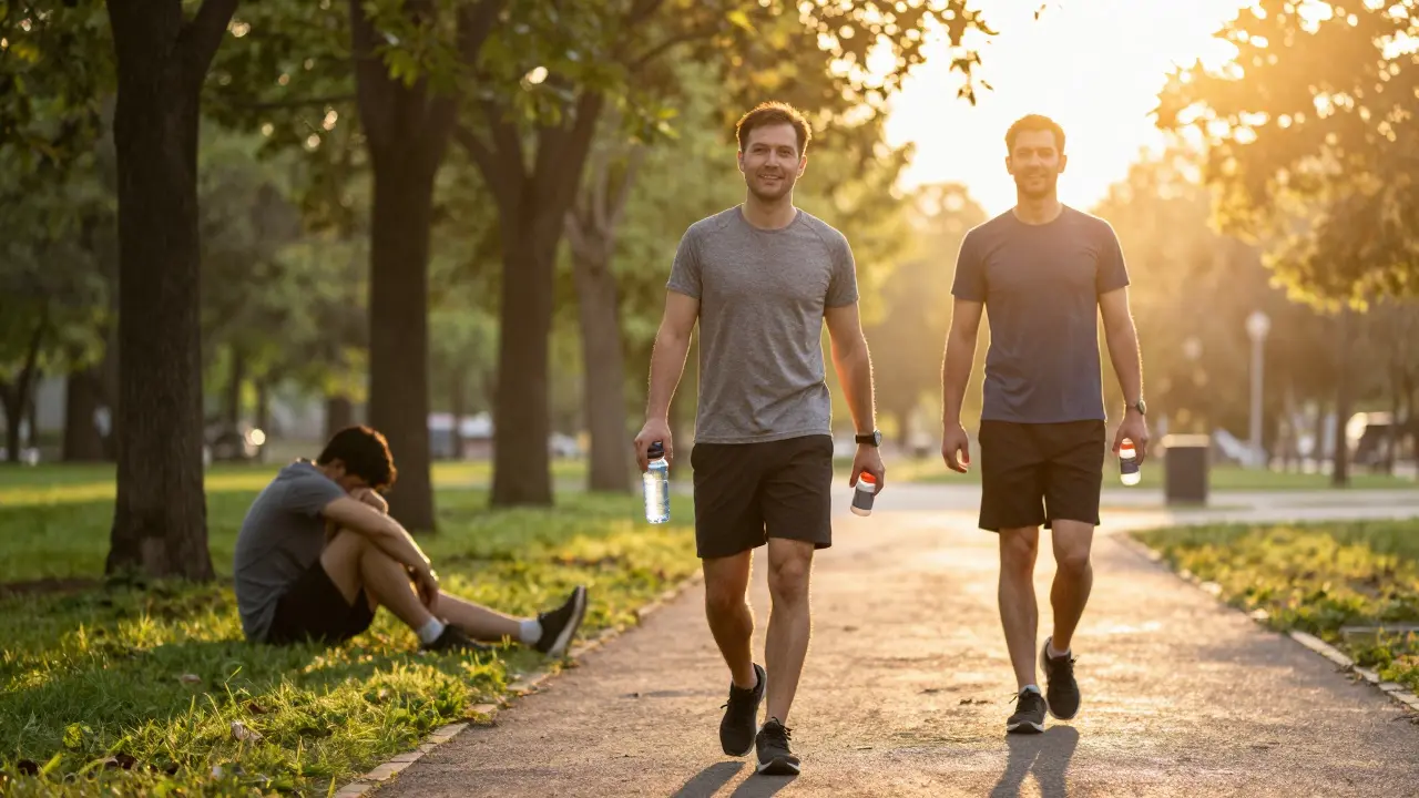 Muž kráčí v parku při západu slunce s multivitamíny a láhví vody.