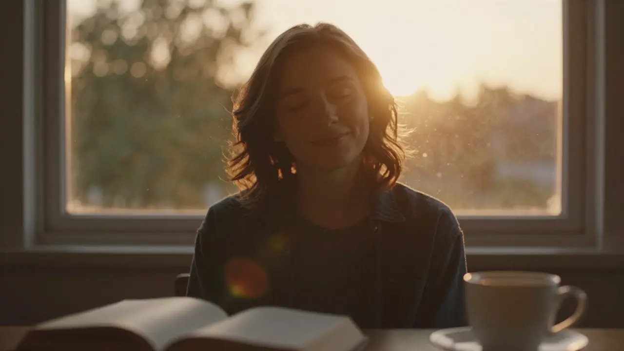 Osoba sedí u okna v záři západu, oči zavřené, klidný výraz, káva a kniha na stole.