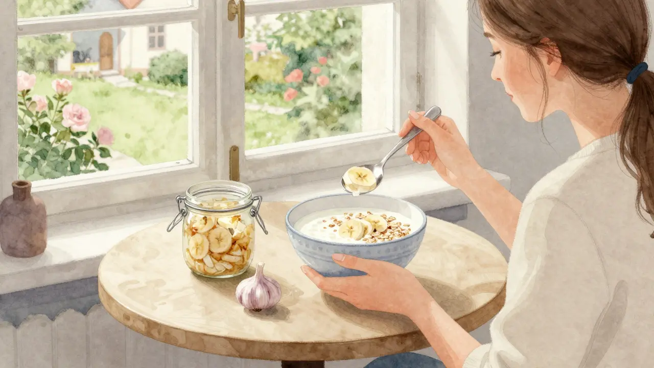 Osoba si snídá kefir s ovesnými vločkami a banánem v klidné kuchyni s výhledem do zahrady.