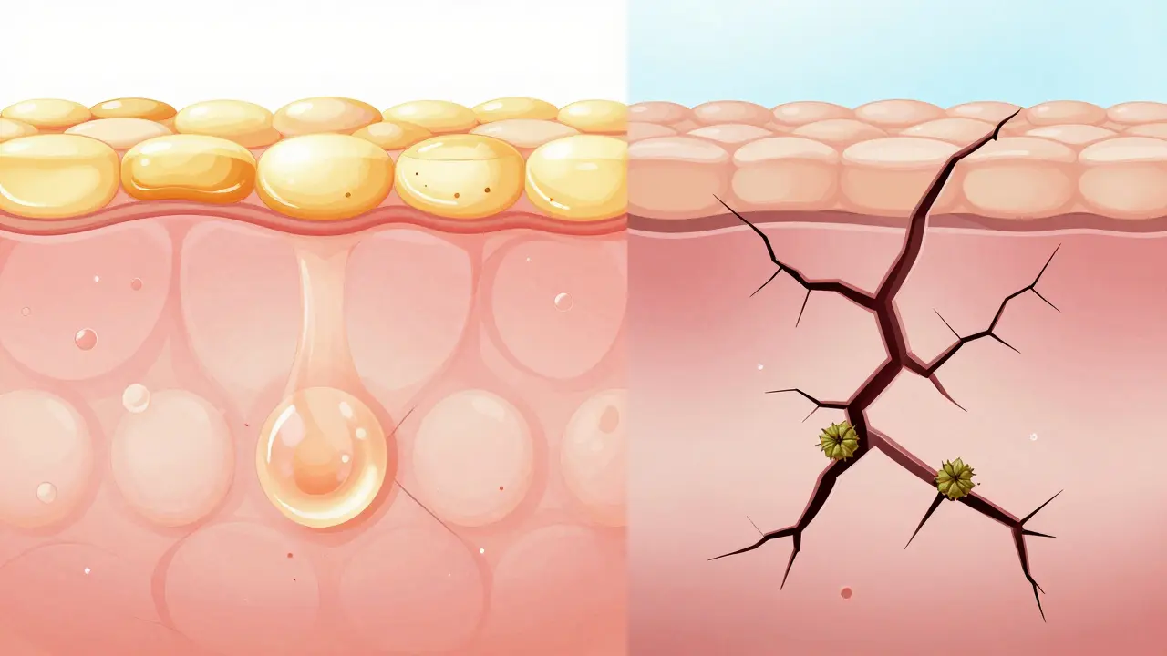 Porovnání zdravé a poškozené pokožky s viditelnou lipidovou bariérou.