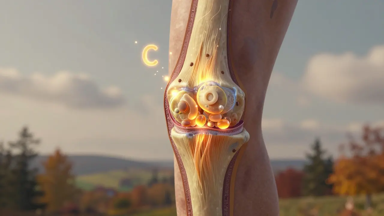 Průřez kolenního kloubu s obnovující se chrupavkou a zářícími vitamíny C, D a E.