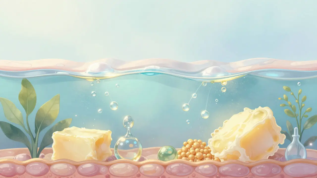 Průřez kůže s glycerinem přitahujícím vlhkost a ochrannými látkami.