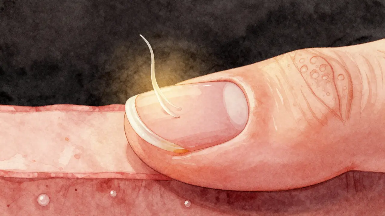 Průřez prstu s nově růstoucím nehtem pod kůží