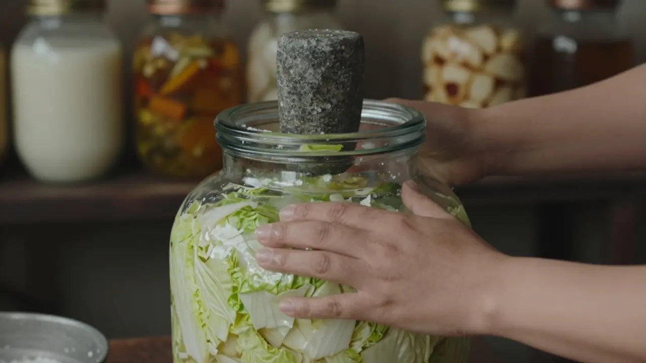 Ruce tlačí zelí do skleněné nádoby na kvašení s kamenem na vrcholu.