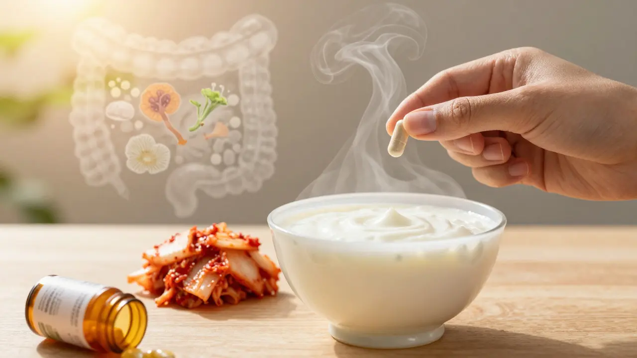 Ruka drží probiotikum vedle kysaného mléka a kimchi.