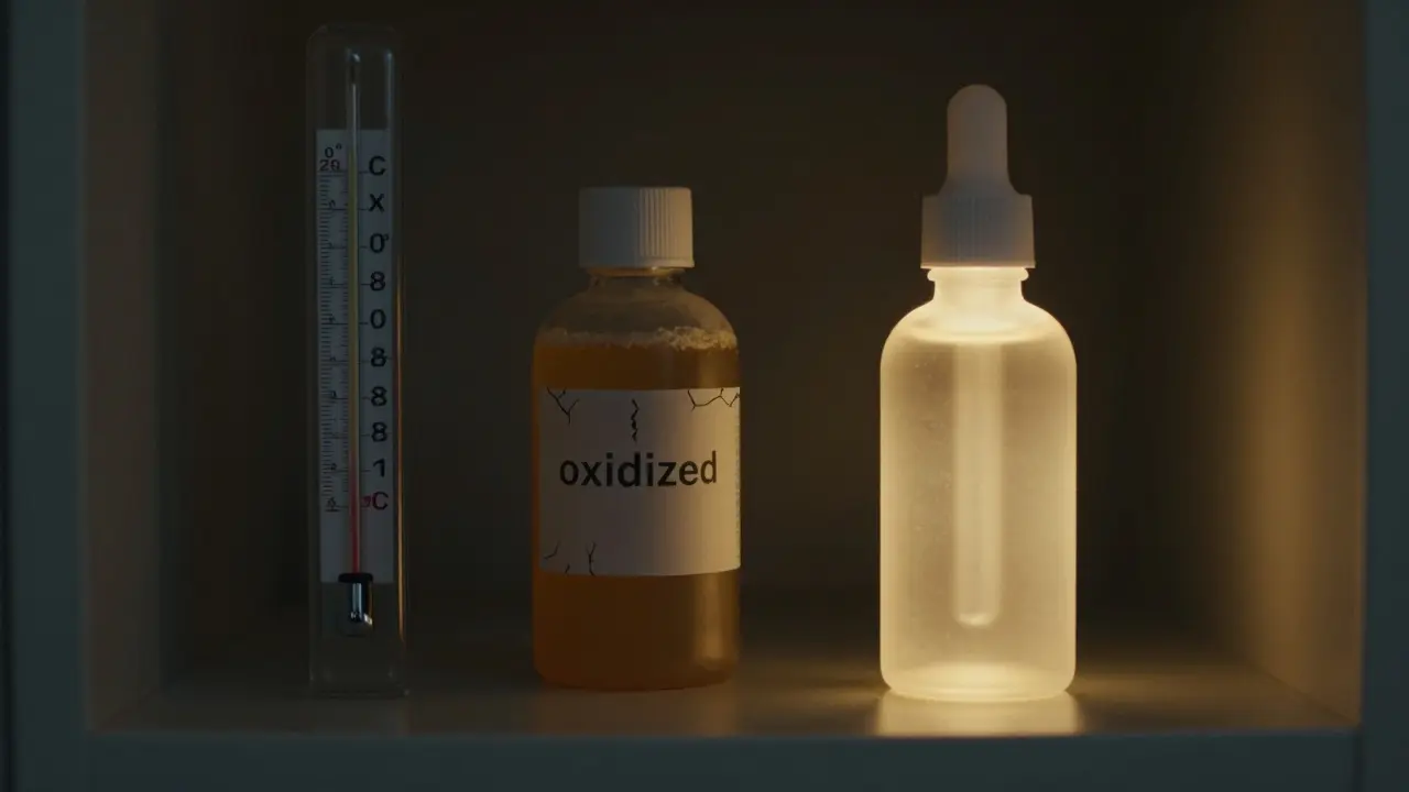 Sérum s vitamínem C uložené v chladu, vedle oxidovaného lahvičky.