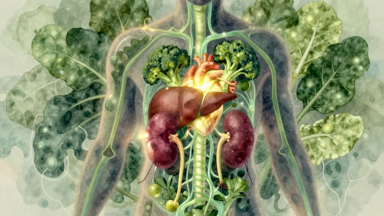 Silueta těla s proudy detoxikace z jater a ledvin podporovaných zeleninou.