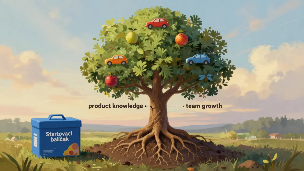 Strom rostoucí ze startovacího balíčku Mary Kay s odměnami jako plody, symbolizující trvalý úspěch.