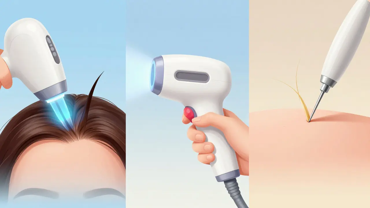 Three methods of permanent hair removal: laser, IPL, and electroepilation illustrated side by side.