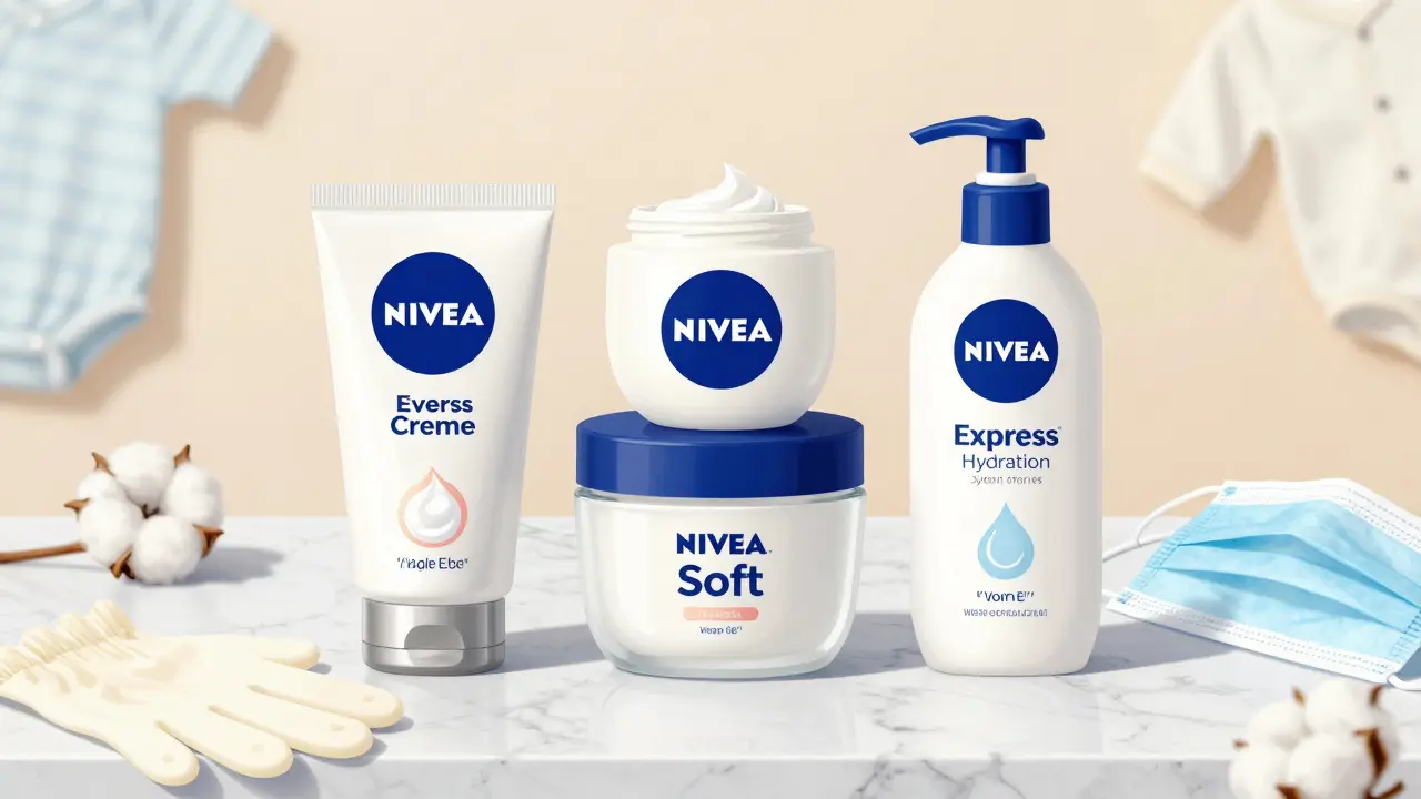 Tři produkty Nivea na stole: Creme, Soft a Express Hydration s doprovodnými předměty.