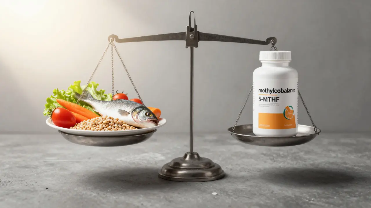 Váha s čerstvými potravinami na jedné straně a doplňkem stravy na druhé, slunce osvětluje zdravou stravu.