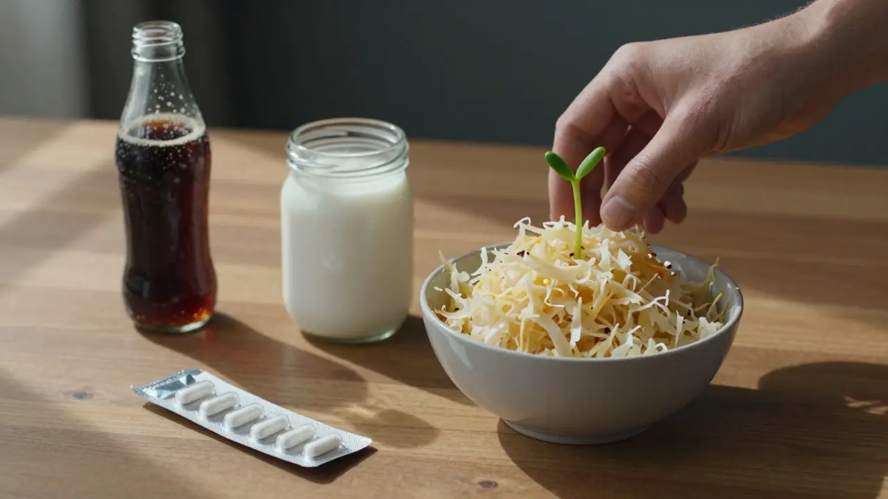 Zdravá kvašená jídla vedle cukerného nápoje a antibiotik