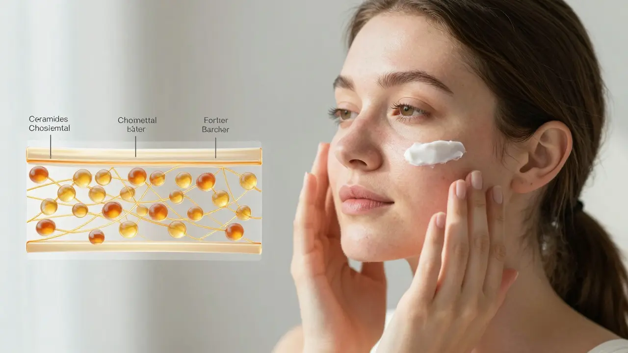 Žena aplikuje krém s ceramidy na obličej s viditelným zlepšením pokožky.