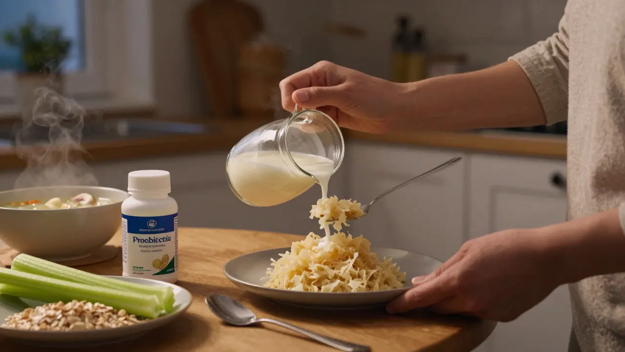Žena v české kuchyni podává kefír a kyselé zelí k obědu, vedle ní ovesné vločky a česnek.