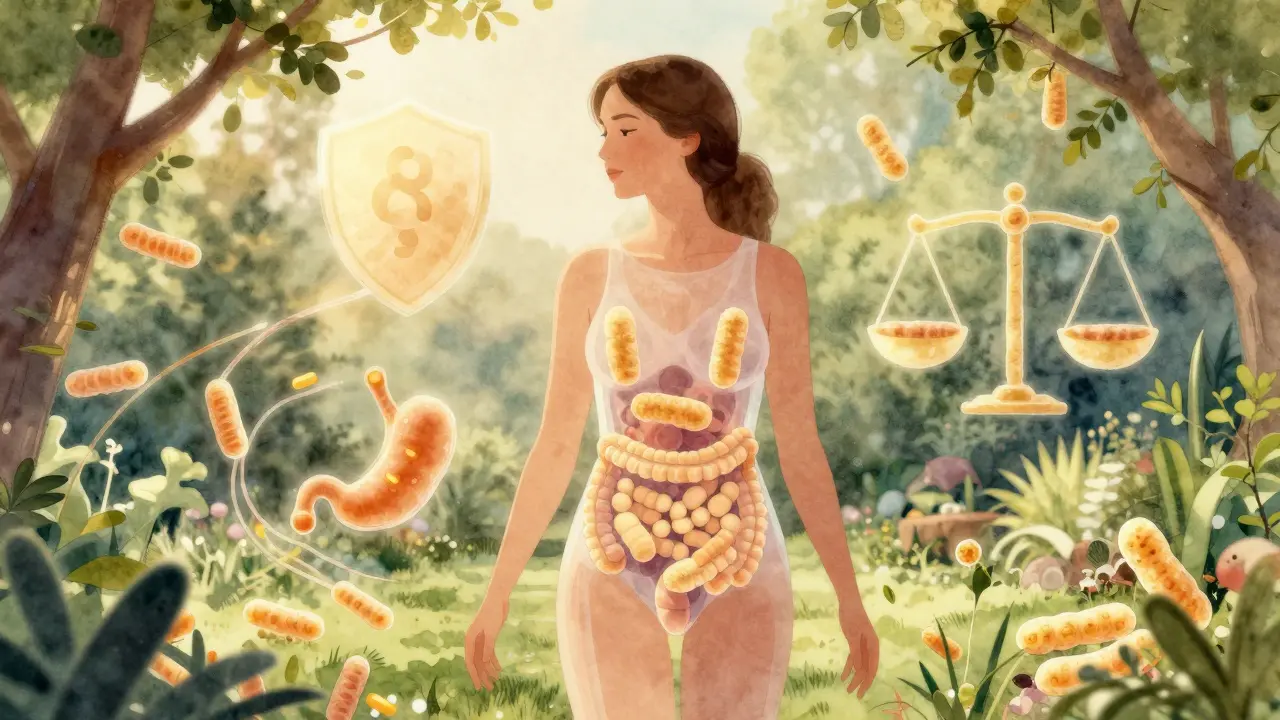 Žena v zahradě s vnitřním zobrazením zdravých bakterií v trávicím traktu a pošvě, symboly imunity a rovnováhy.