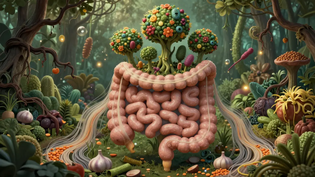 Živá střevní kultura jako zahrada s bakteriemi jako rostlinami, živěná prebiotiky.