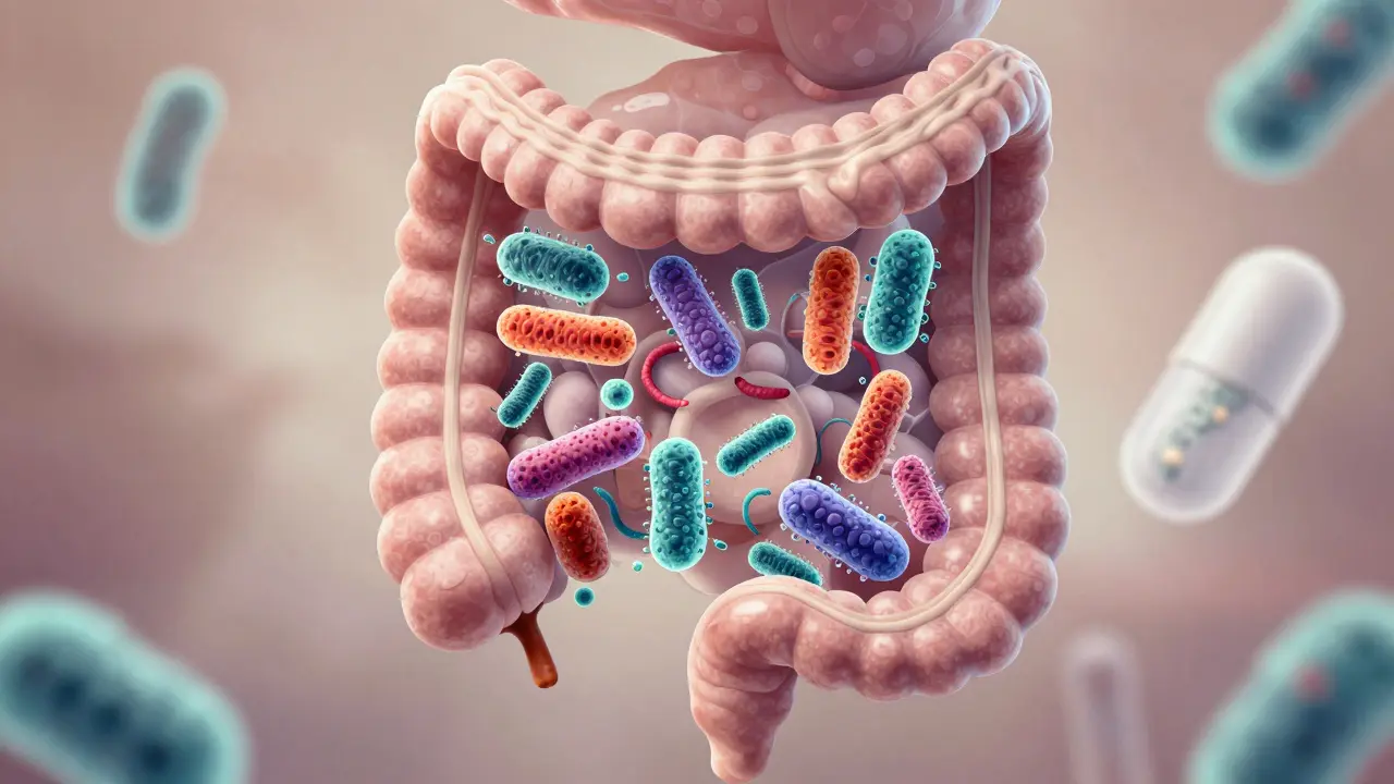 Živé probiotické bakterie v těle, které kolonizují střevní výstelku, v kontrastu s mrtvými bakteriemi v kapsli.