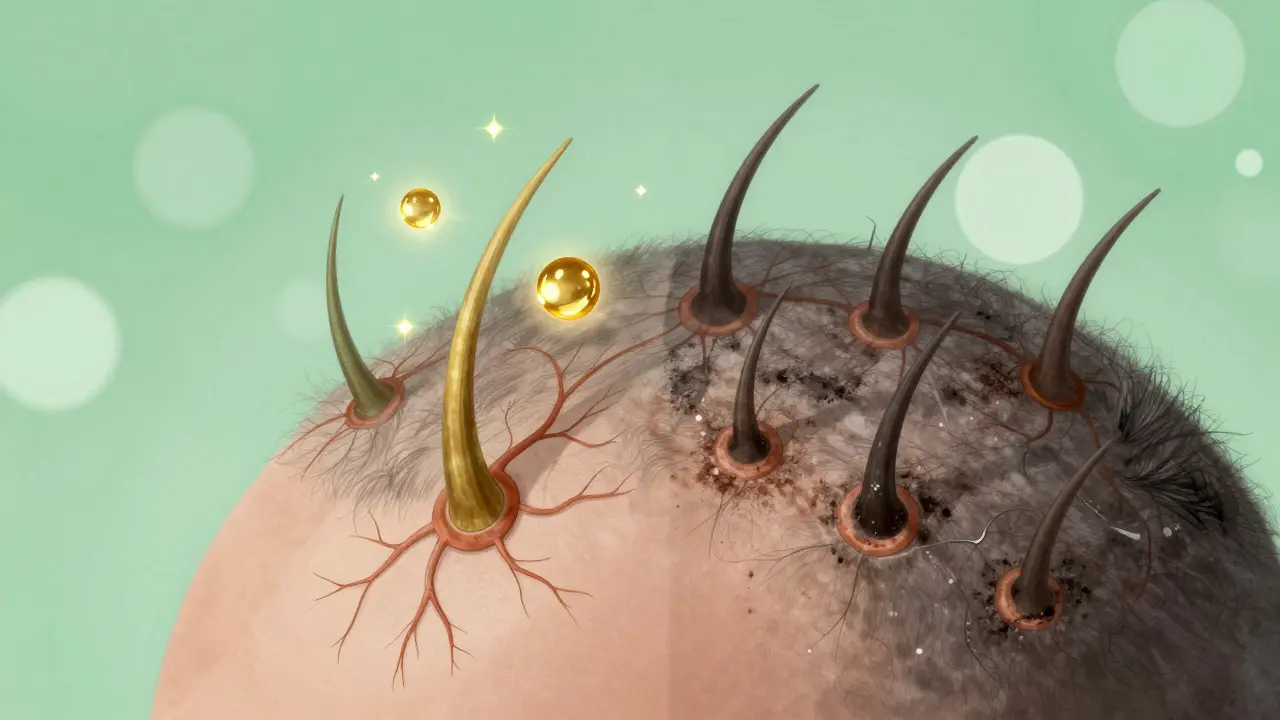 Zvětšený pohled na poškozené a zdravé vlasové kořínky s molekulami léčiv.