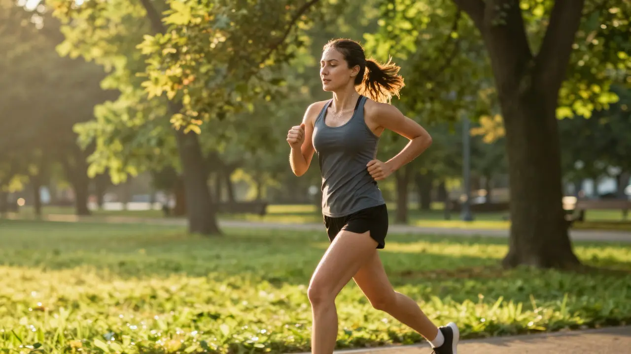 Běžec v parku při svítání s potem na tváři, zelené stromy pozadí