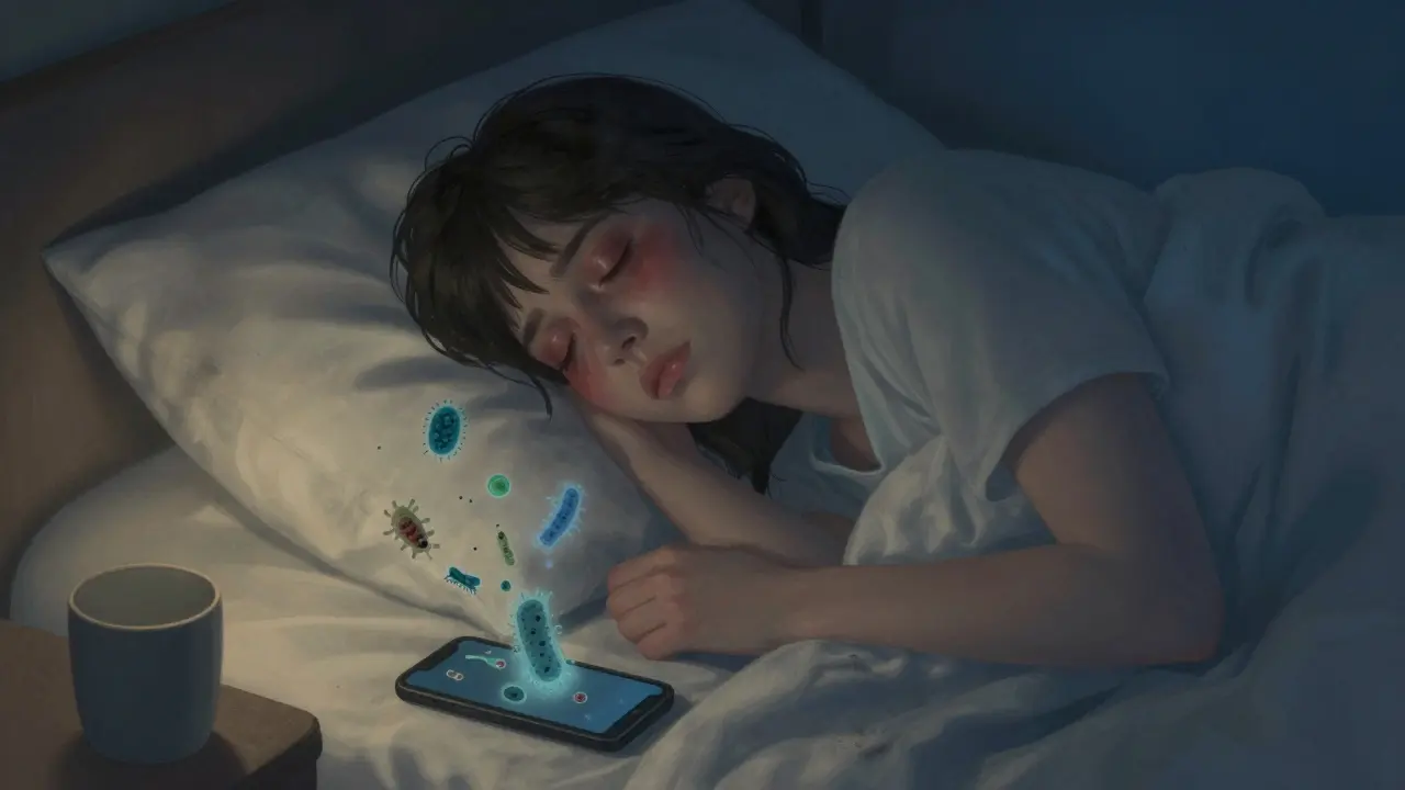 Člověk spící pod špinavým polštářem s bakteriemi a telefonem vedle.