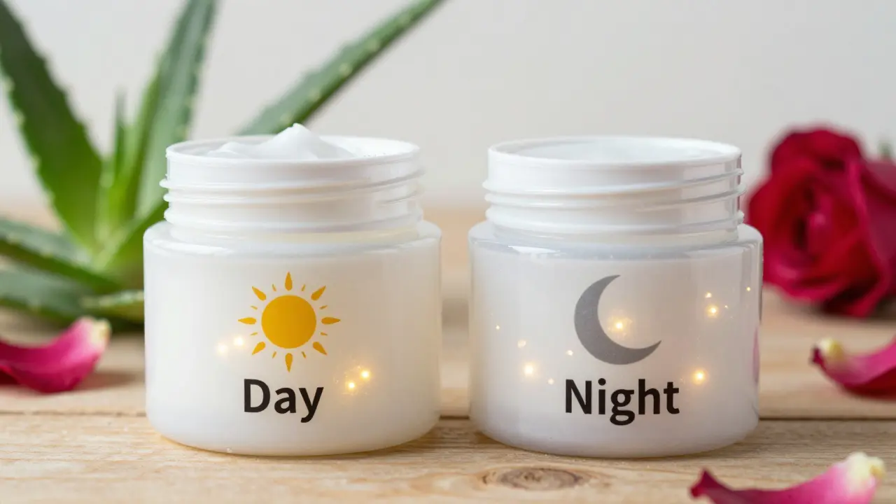 Denní a noční pleťový krém vedle sebe s symboly slunce a měsíce.