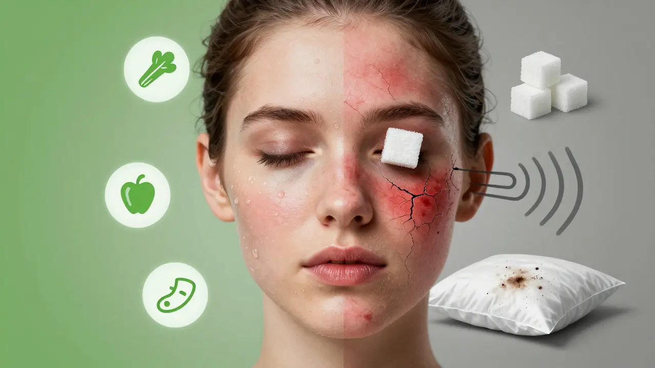 Dvoustranný obraz tváře: zdravá pleť vlevo, poškozená vpravo.