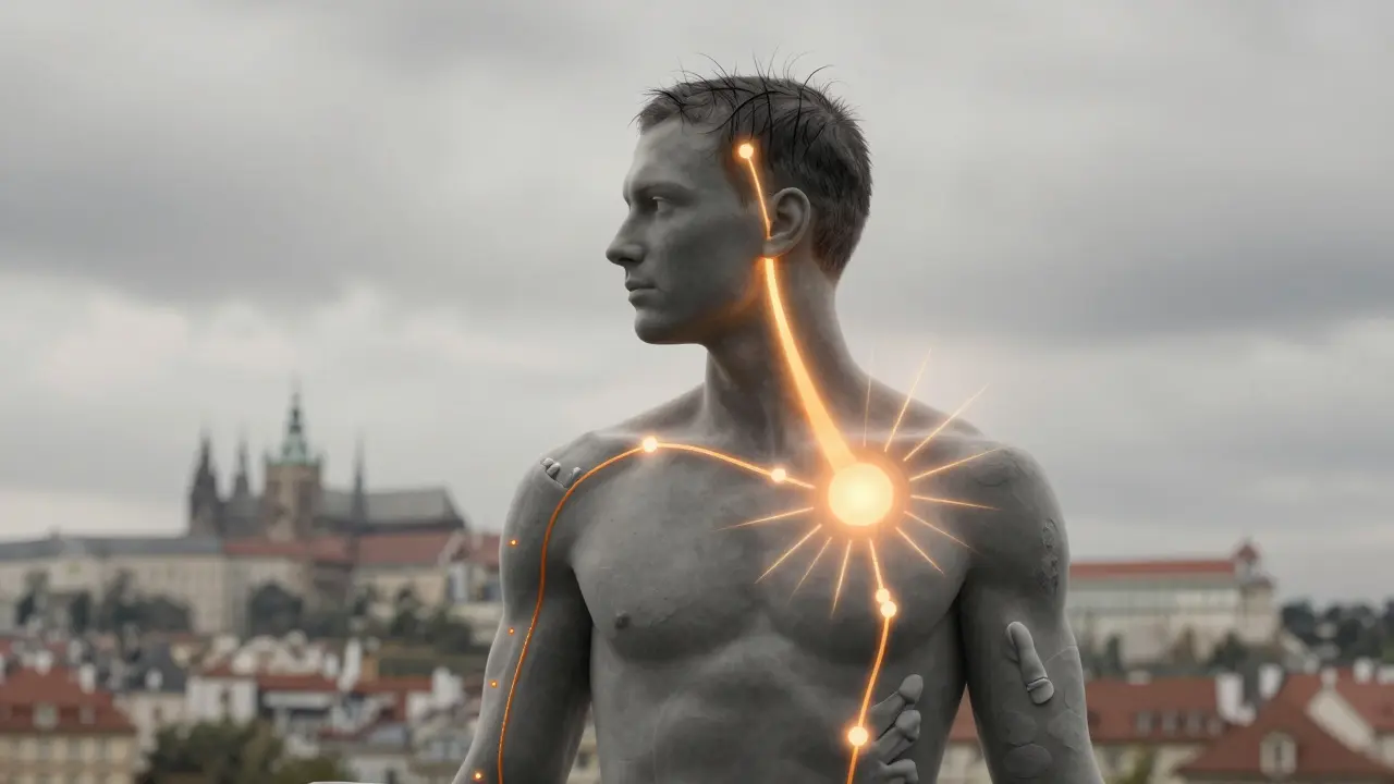 Grafické znázornění těla s osvětlenými cestami vitamínů k vlasům, nehtům a kůži.