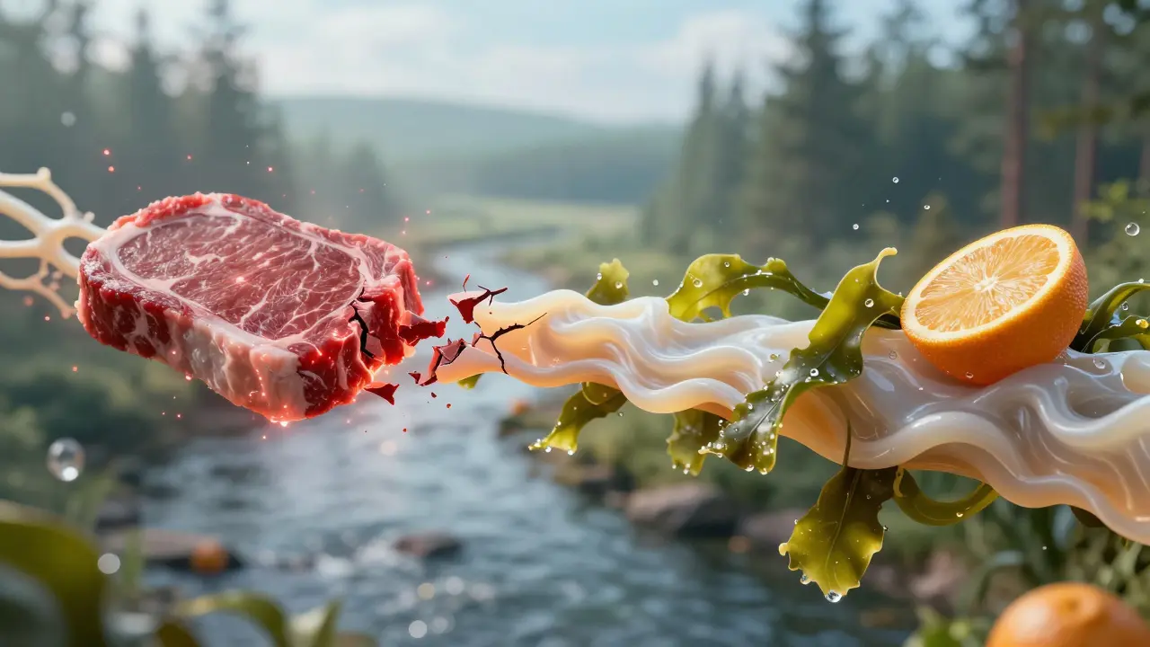 Kolagenové vlákno se obnovuje — jedna část je poškozená masem, druhá obnovována mořskými řasami a vodou.