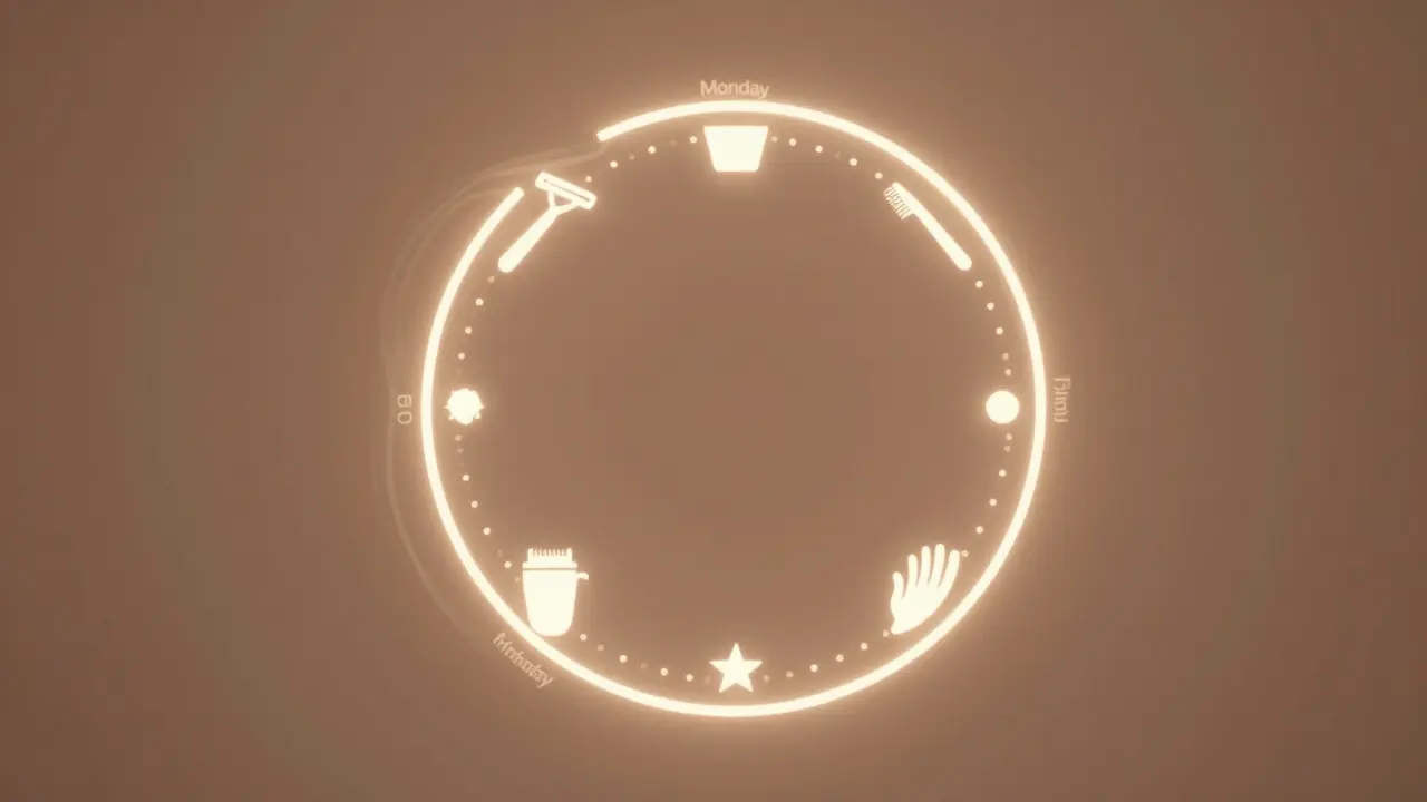 Kruhový graf znázorňující týdenní plán holení pomocí ikon břitu a strojku.