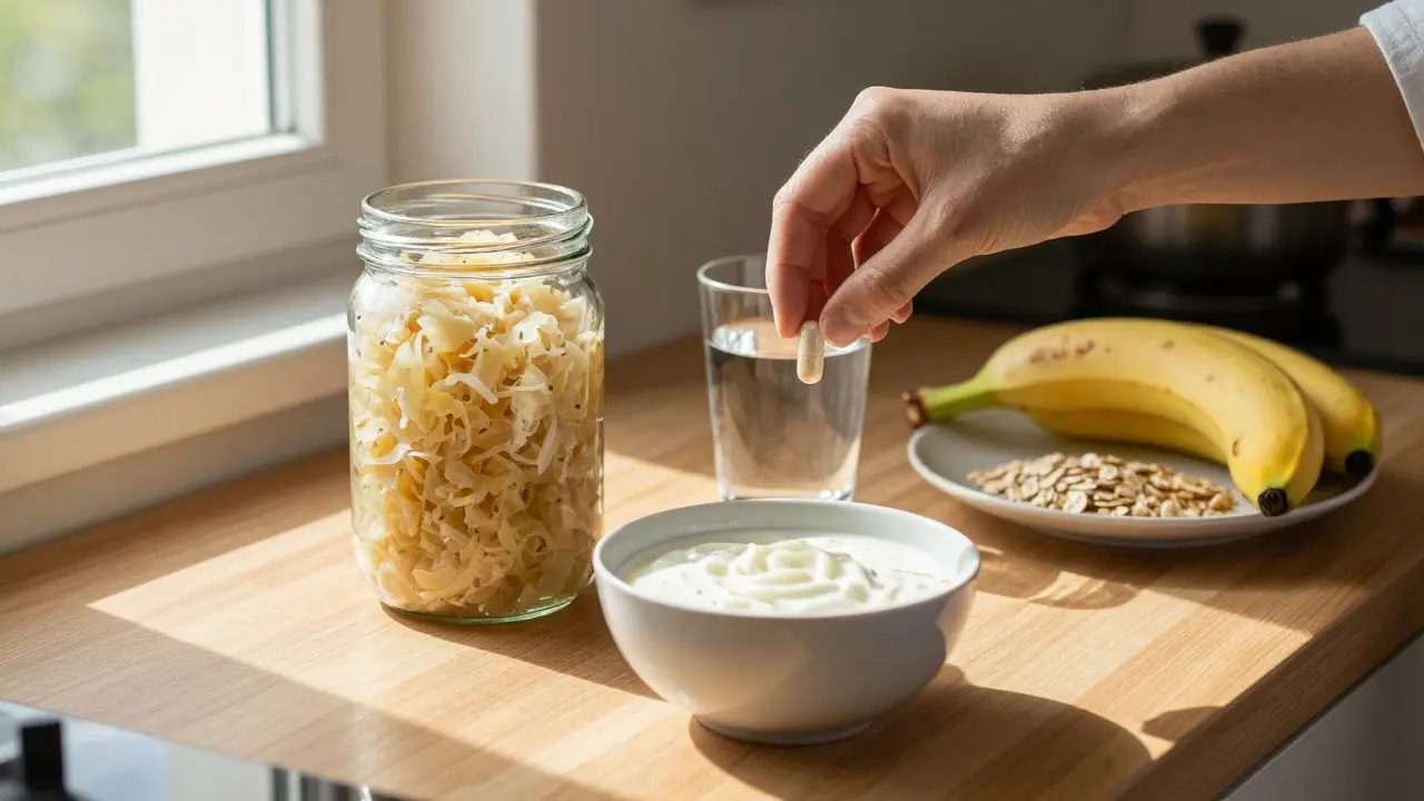 Kvasené zelí, kefír a ovesné vločky na dřevěné desce v kuchyni