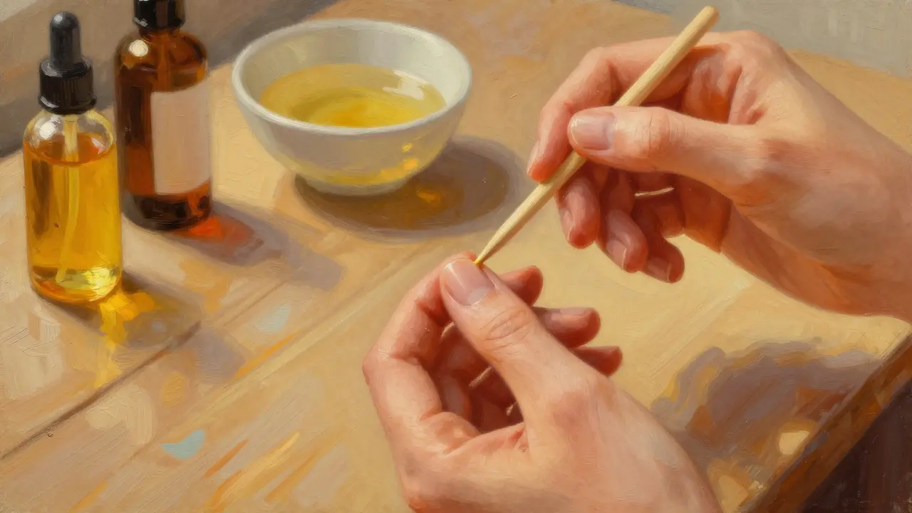 Manikýřka jemně upravuje kůžičku dřevěnou paličkou při světle přírodního světla.