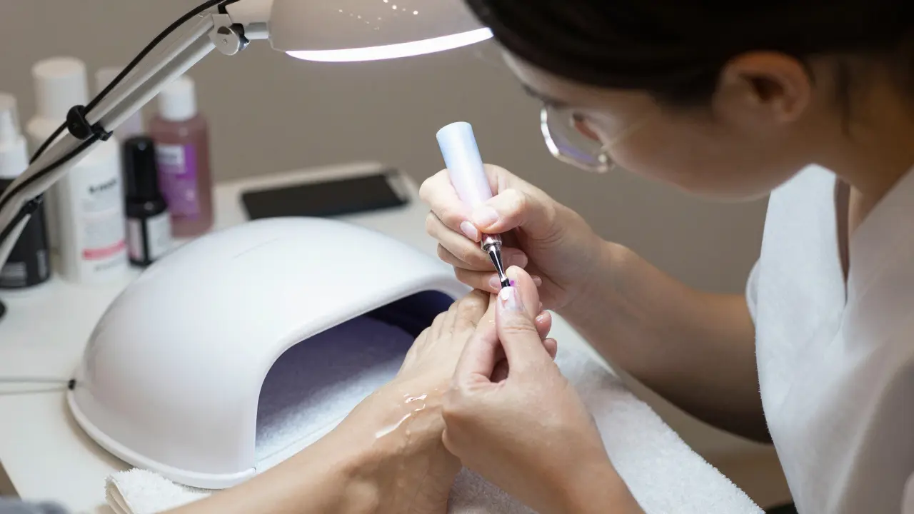Odborník aplikuje gelový lak na nohu pod UV lampou v kozmetickém salónu.