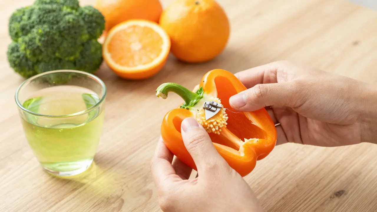 Osoba konzumuje papriku a zelený čaj s čerstvými zeleninami