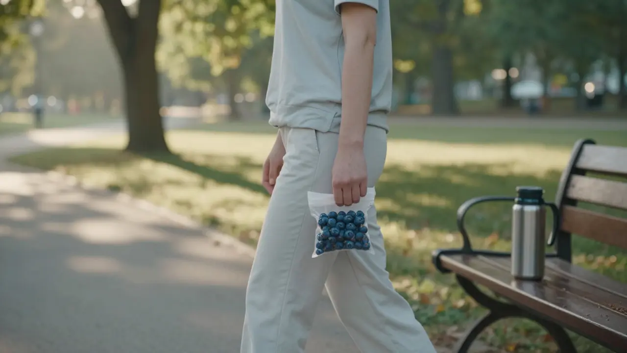 Osoba kráčí v ranním parku s pytlíkem borůvek a lněných semen, symbolizující zdravý životní styl pro klouby.
