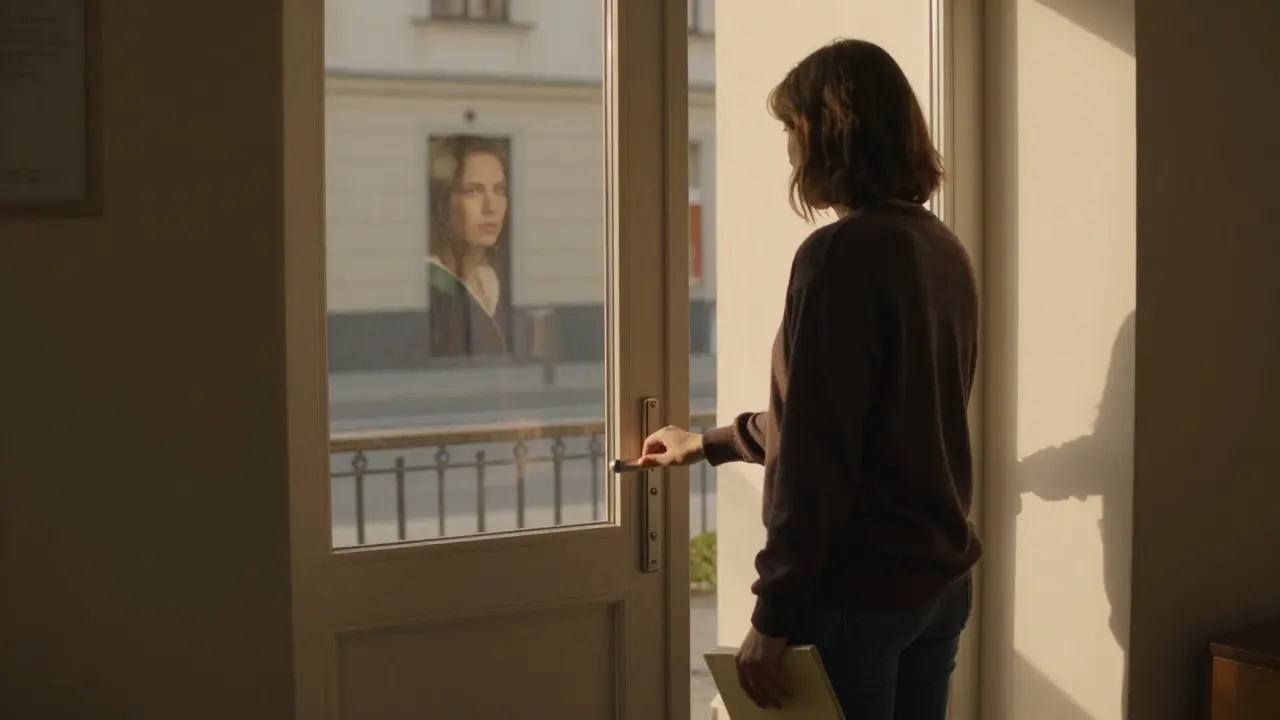 Osoba se zastaví před dveřmi poradny pro závislosti, připravena na první krok.