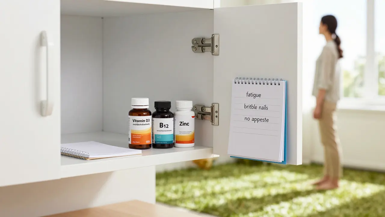 Otevřená lékárnička s třemi doplňky a nohama na slunci, symbolizující cestu k zdraví.