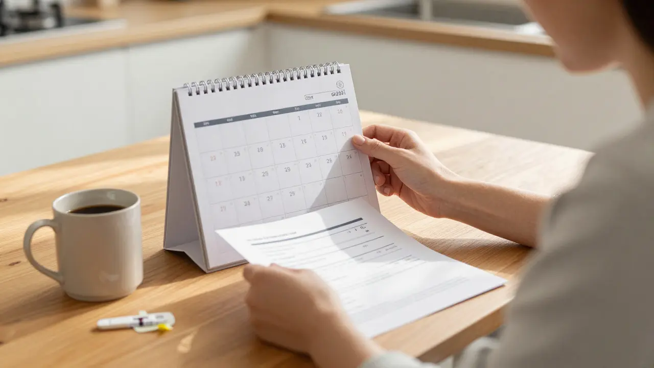 Pár u kuchyňského stolu, kde jeden kontroluje kalendář s daty testování, druhý drží potvrzení výsledku.