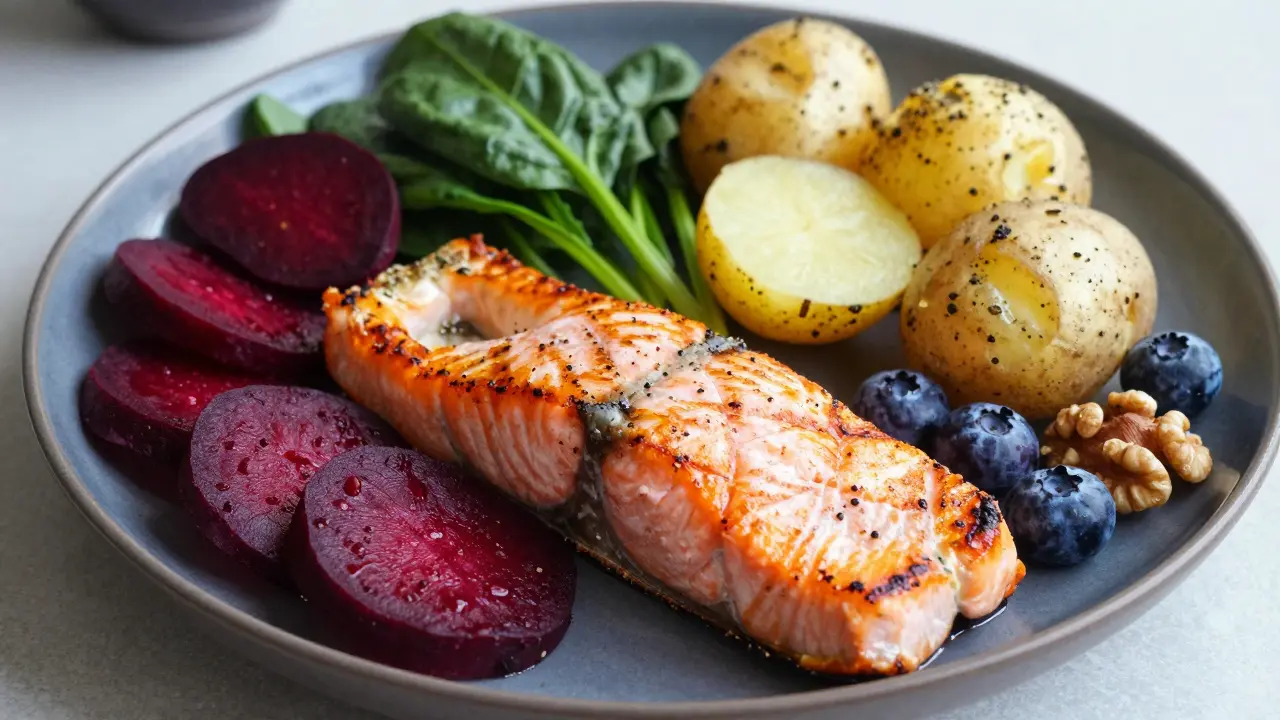 Plát s grilovaným lososem, červenou řepou, špenátem, bramborami s kůží, borůvkami a vlašskými ořechy.