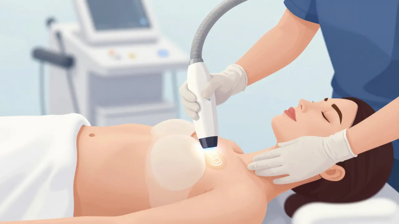 Profesionální laserová depilace na bikinové linii v klinice s chladícím gelem.